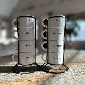 Two Espresso Cup Sets with Stand - Black and White